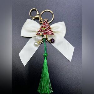 Christmas Purse Bag Charm Cream Bow and Red Tree Custom Keychain